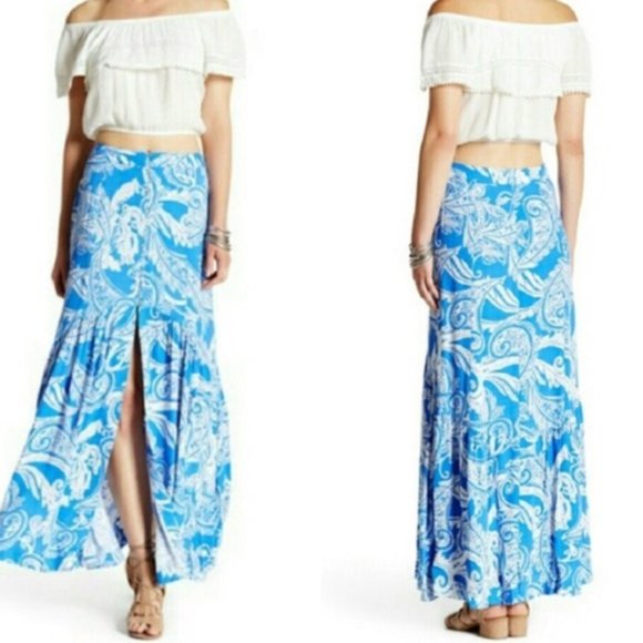 Free People Smooth Sailing Blue Paisley Maxi Skirt Sz 6 - Picture 2 of 11